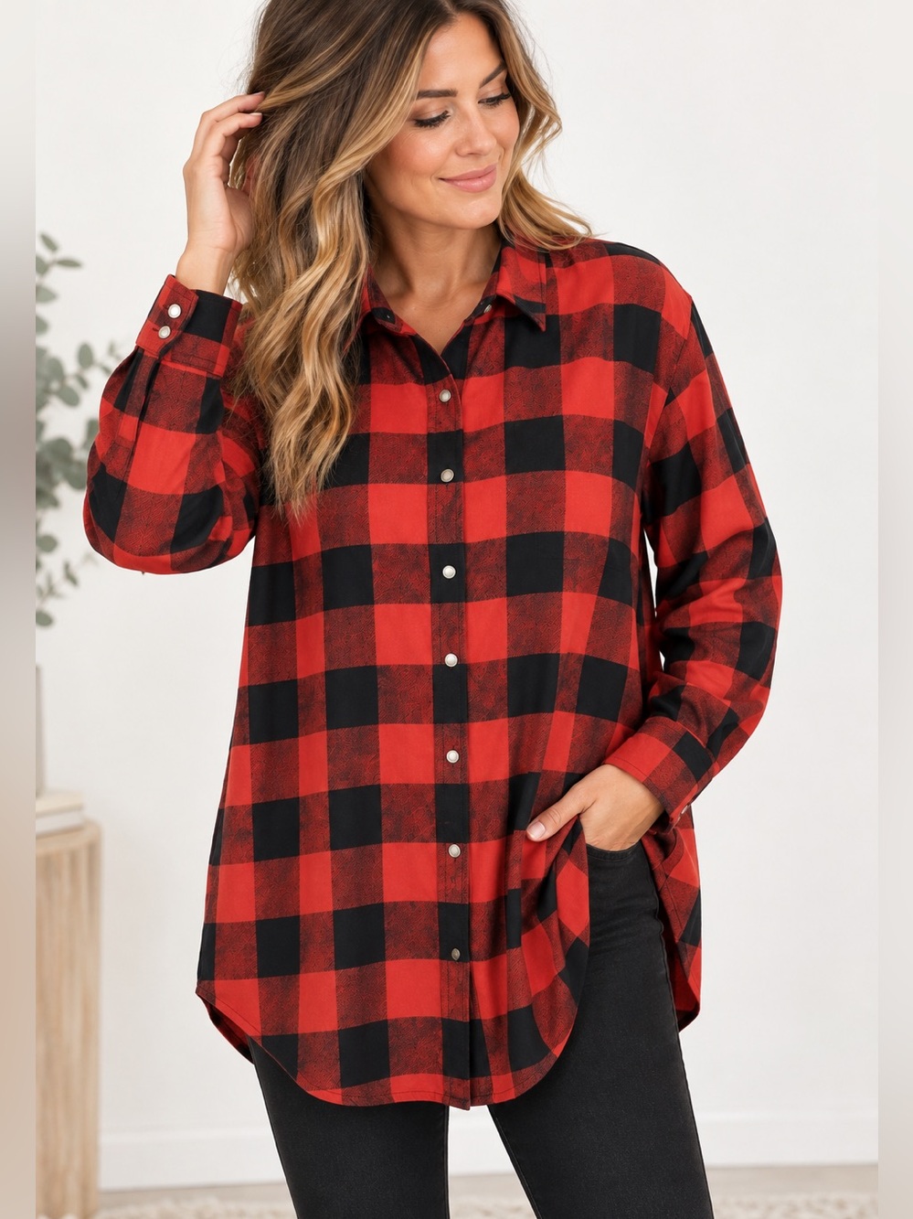 Burnt Orange Black Buffalo Plaid Oversized Flannel Tunic XL